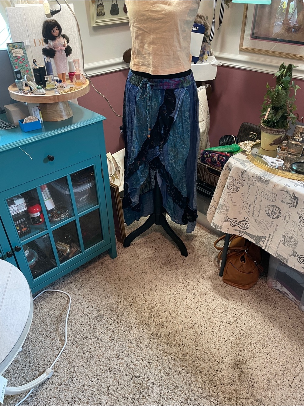 Boho Blue Patchwork Midi Skirt with Drawstring Waist Young Threads XL - Picture 16 of 16